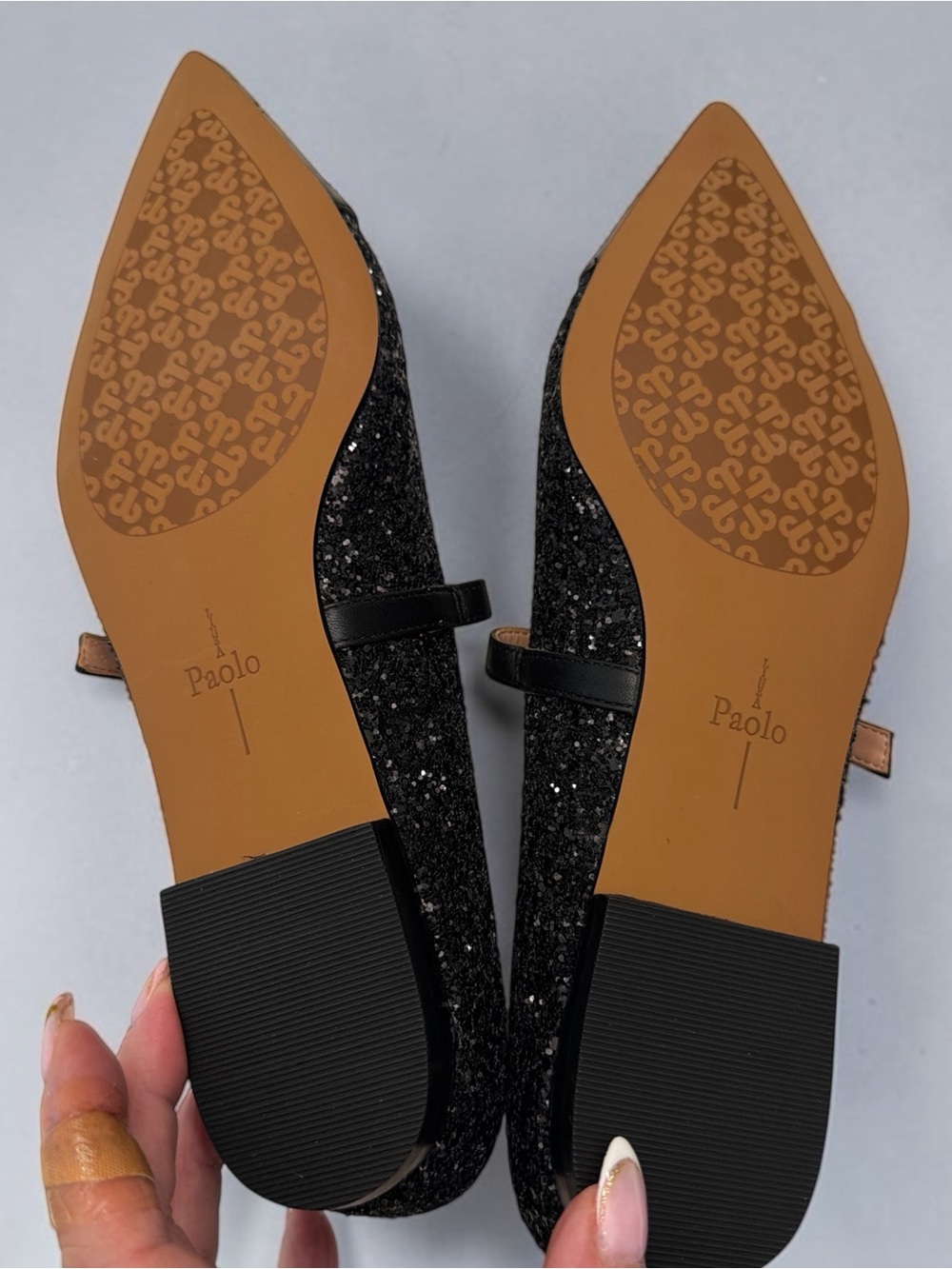 Paolo Black Glitter and Leather Pointed Toe Mary Jane Flats - Picture 6 of 7